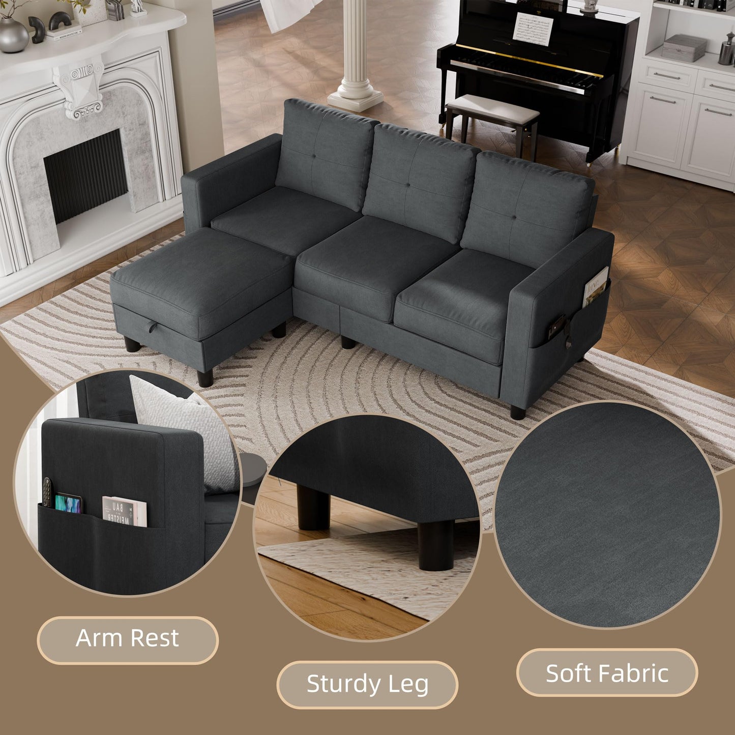 JAMFLY Convertible Sectional Couches for Living Room, L-Shaped Couch 3 Seat Sectional Sofa Set with Polyester Fabric and Movable Ottoman Small Couch for Apartments, Office, Black