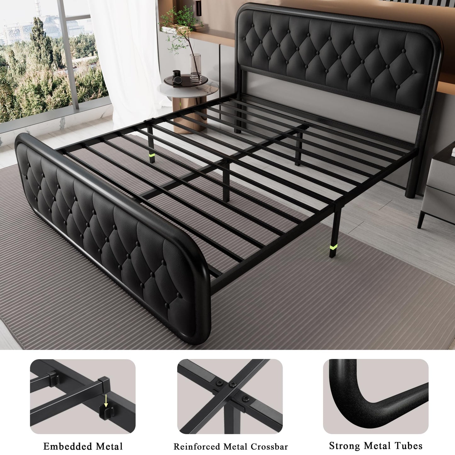 Feonase Queen Size Bed Frame, Heavy Duty Bed Frame with Faux Leather Headboard, Upholstered Platform Bed with Strong Metal Slats, 12" Under-Bed Storage, Noise-Free, Easy Assembly, Black