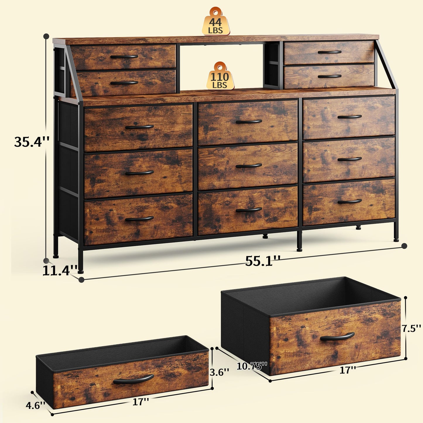 Romorgniz 55" W Dresser for Bedroom, Dressers & Chests of Drawers with 13 Fabric Drawers and 2 Open Shelves, Long Vanity Dressers for Bedroom & Closet, Rustic Brown, 55.1" W x 35.4" H x 11.4" D