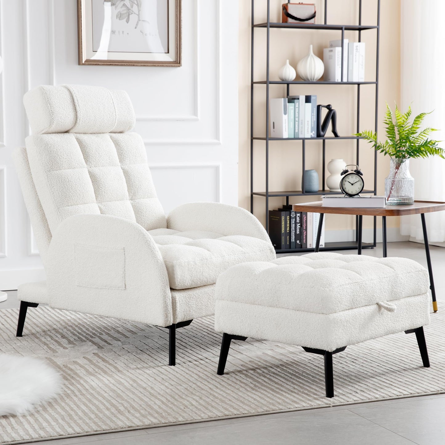 YUUIJOAA Accent Chair with Ottoman - Reading Chair and Storage Ottoman Set Comfy Velvet Lounge Arm Chair with Adjustable Backrest Cozy Reclining Sofa for Living Room Bedroom White