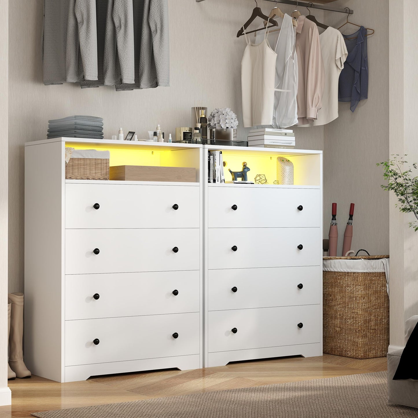 Homkdom White Dresser with LED Light, Tall Dresser with 4 Drawers & 1 Shelves, Chest of Drawers for Bedroom, Hallway, Entryway, 43.4" H x 27.6" W x15.8 D