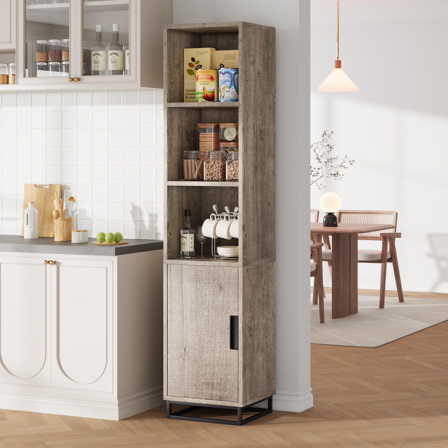 GarveeHome Tall Bathroom Cabinet, 70" Narrow Storage Cabinet with Door and Adjustable Shelf, Open Storage Freestanding for Laundry Room, Kitchen, Living Room, Small Space, Grey