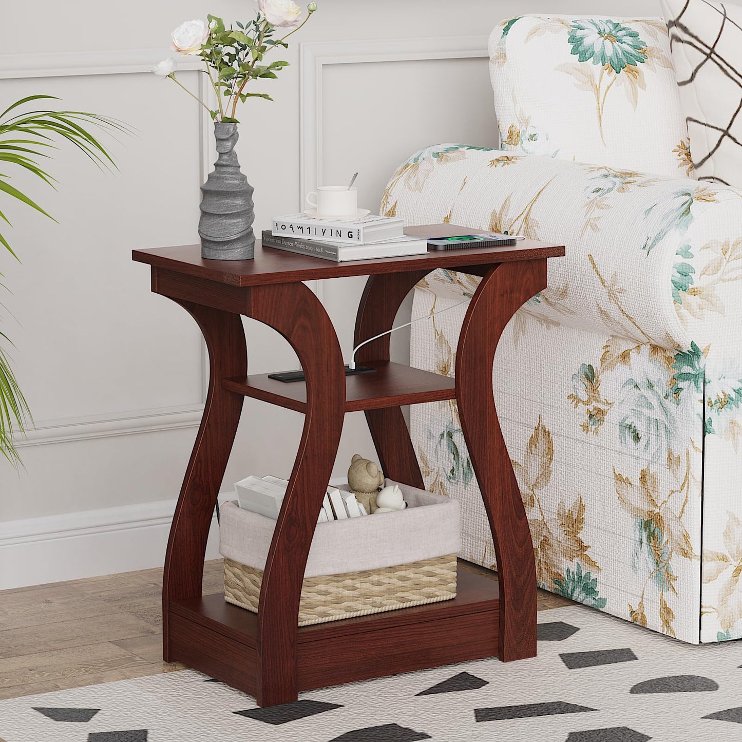 FROMJBEST End Tables Living Room Set of 2,Cherry End Table with Charging Station,Side Table, Nightstand for Bedroom, 3 Tier End Table with Storage Shelf for Living Room(Cherry)
