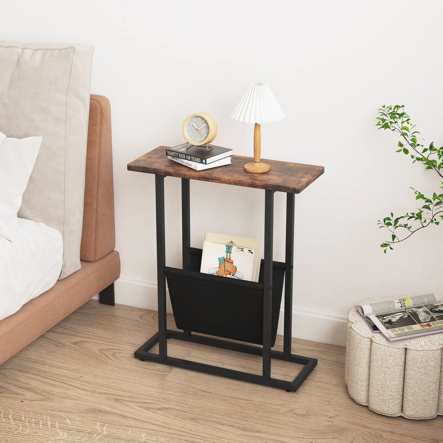 Yusong Small Narrow Side Table for Small Spaces, 17.7" W Slim End Table Magazine Table Nightstand with Storage Holder, Accent Skinny Snack Couch Bedside Table, Rustic Brown, Complete Iron Pipes