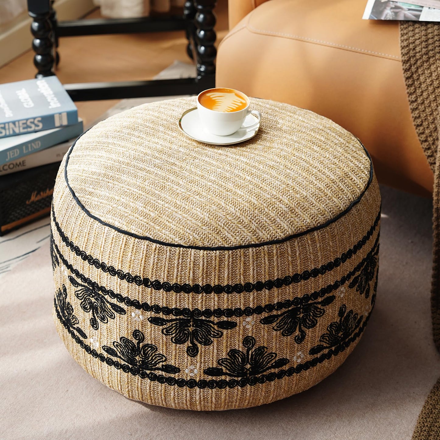 Artbloss Unstuffed Pouf Cover Ottoman Footrest Boho Foot Stool Floor Bean Bag Floor Chair Storage for Living Room Bedroom Home Decor (Boho Triangles, 20 x 12 Inches Round)