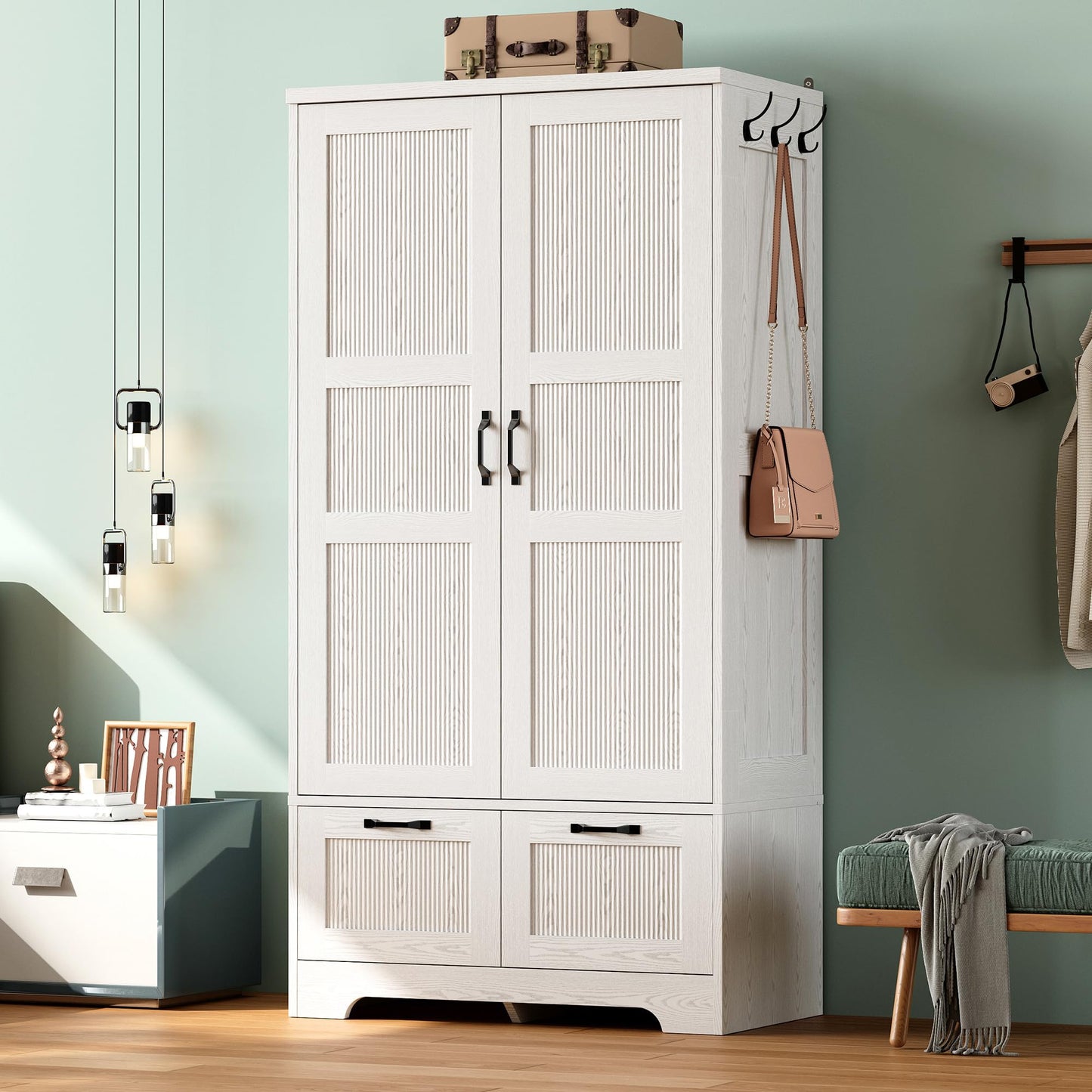 ANCTOR Armoire Wardrobe Closet, 71" H Wooden Clothing Storage Cabinet with 2 Doors and 2 Drawers, Bedroom Freestanding Wardrobe Combination with Hanging Rod and Adjustable Shelves, White
