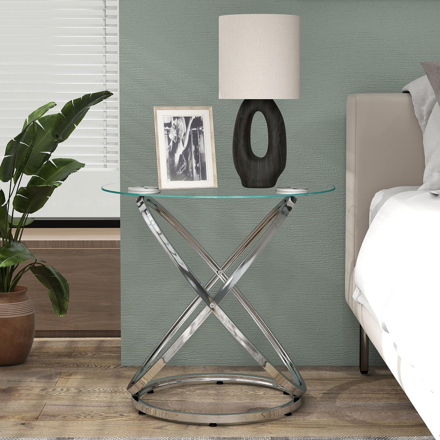 OIOG Glass Round End Table, Modern Contemporary Side Table for Small Space with Tempered Glass Tabletop for Living Room, Chrome Finish