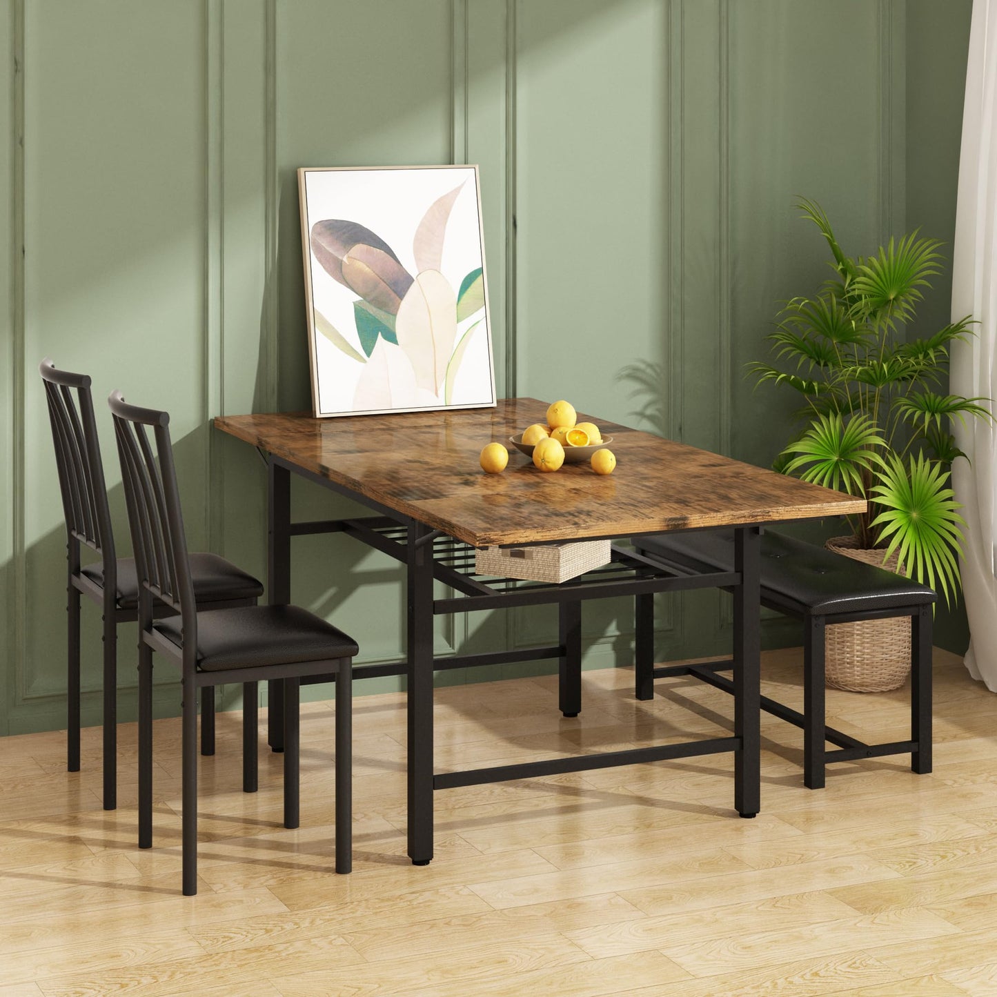 AWQM 4-Piece Faux Wood Drop Leaf Dining Table with Storage Rack, Space Saving Breakfast Nook Table Set with 2 Backrest Chairs and 1 Upholstered Bench, Kitchen Dining Table and Chairs Set for 2-4