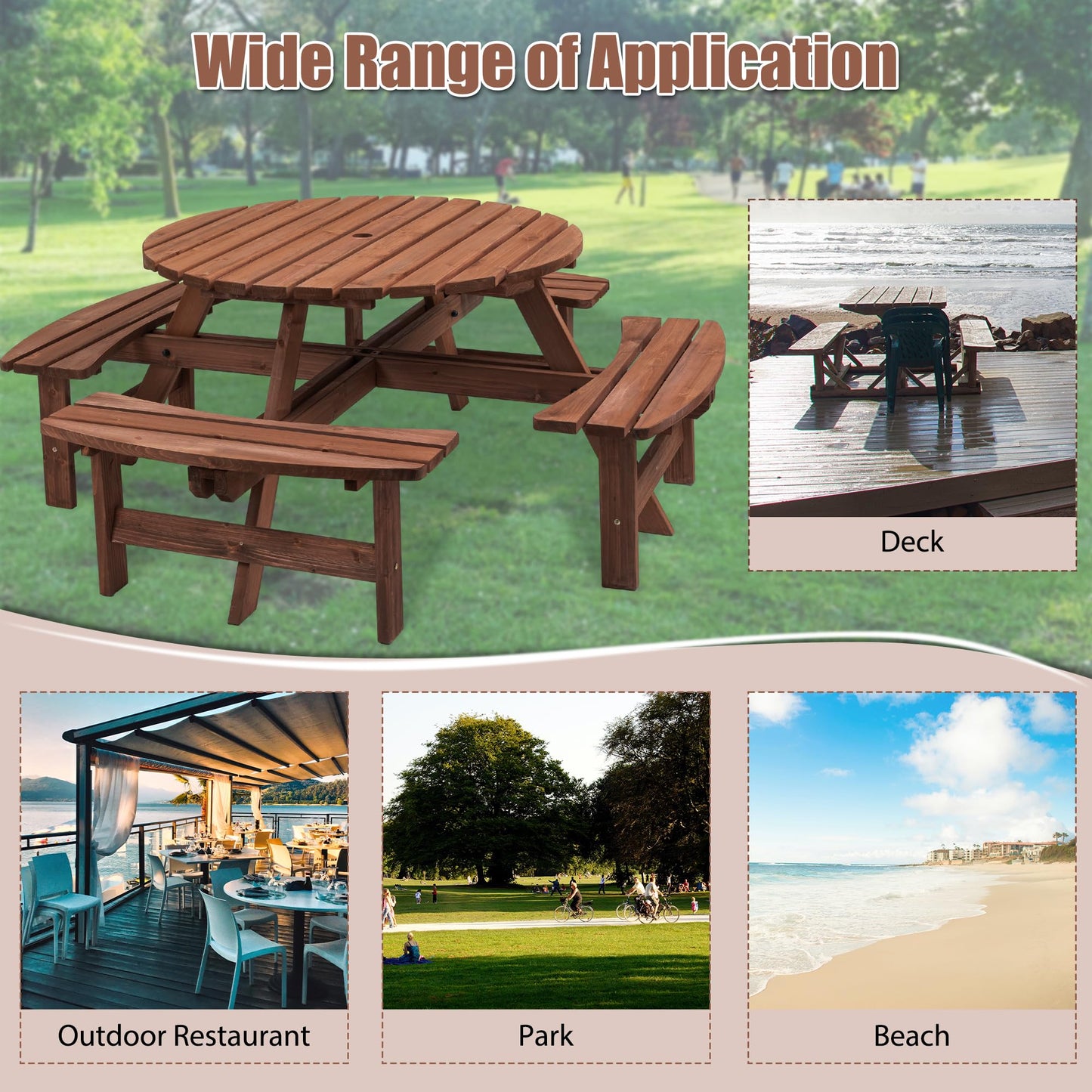 Becivy 8 Person Wooden Picnic Table Sets Outdoor Camping Dining Table with Seat Garden DIY w/ 4 Built-in Benches 2220lb Capacity - Brown