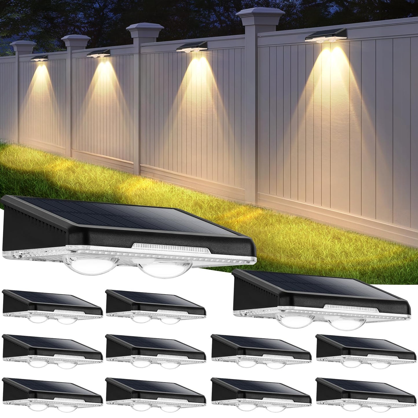 Brightever Solar Fence Lights Outdoor 12-Pack, Waterproof LED Solar Powered Deck Lights with 3 Modes (3000K/4500K/6500K) for Outside, Step, Stairs, Balcony, Yard, Patio, Walkway, Pathway, Railing