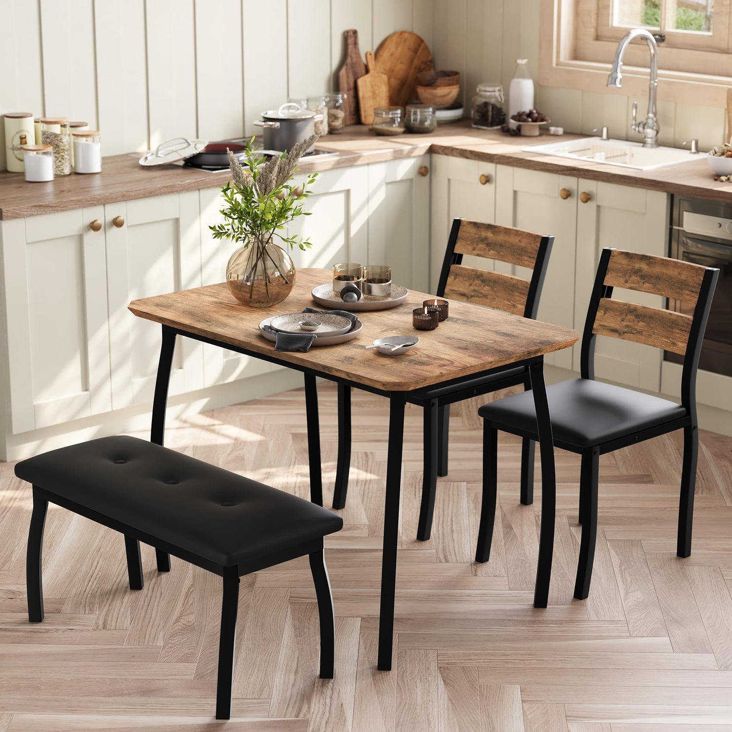 IDEALHOUSE 43'' Dining Table Set for 4, Wooden Kitchen Table with Upholstered Bench & 2 Cushion Chairs, Industrial Dinette Set for Studio, Kitchen, Dining Room, Apartment, Retro