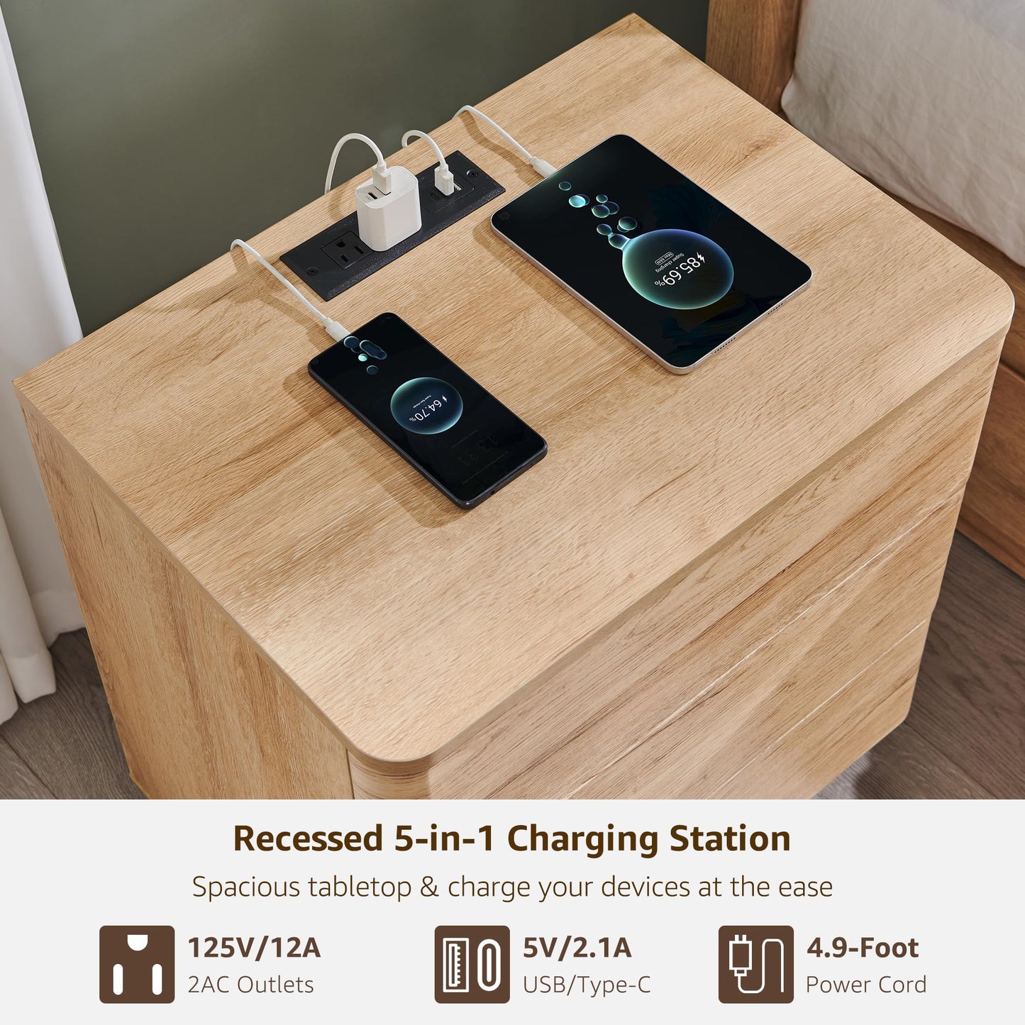 ACCOHOHO 22" Modern Nightstand with Charging Station, 3 Push-to-Open Handleless Drawers Bedside Table, Large End Table with Storage, Night Stand for Bedroom, Living Room, Curved Profile, Natural Oak