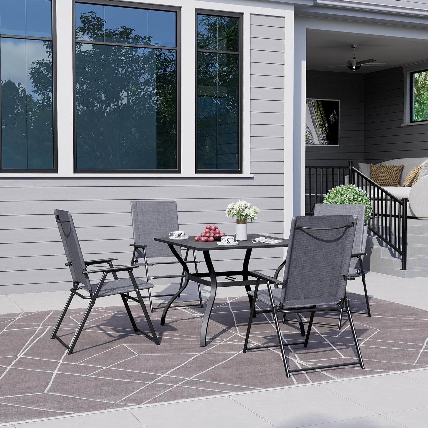 Anmutig Patio Folding Chairs Set of 4, Outdoor Portable Dining Chair with Sling Back and Armrests for Lawn Camping Courtyard Balcony Garden Grey