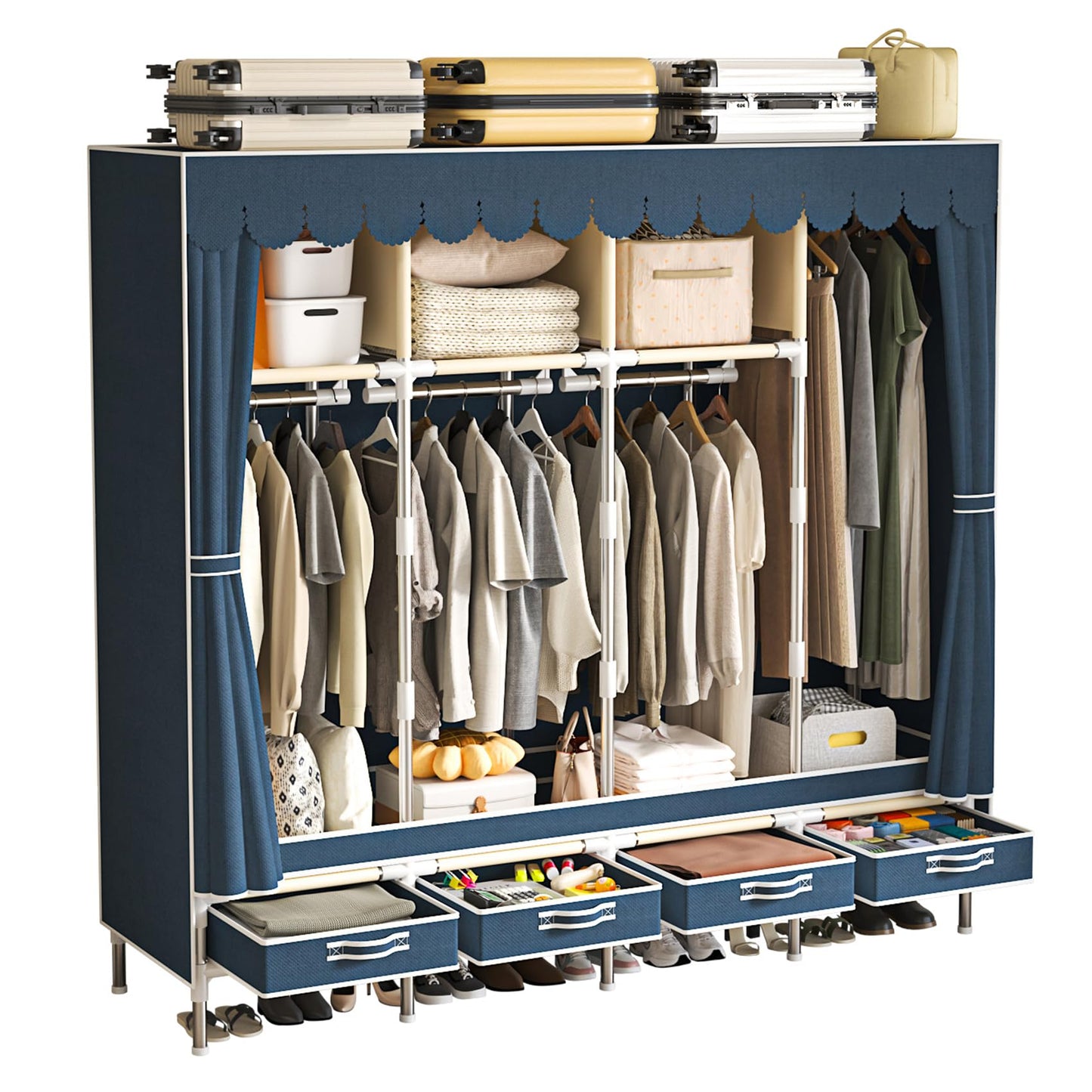 LEAIJIAFY Portable Wardrobe with 4 Drawers and 3 Shelves, 67 Inch Large Capacity Freestanding Wardrobe Hanging Organizer with Lid for Bedroom, Blue