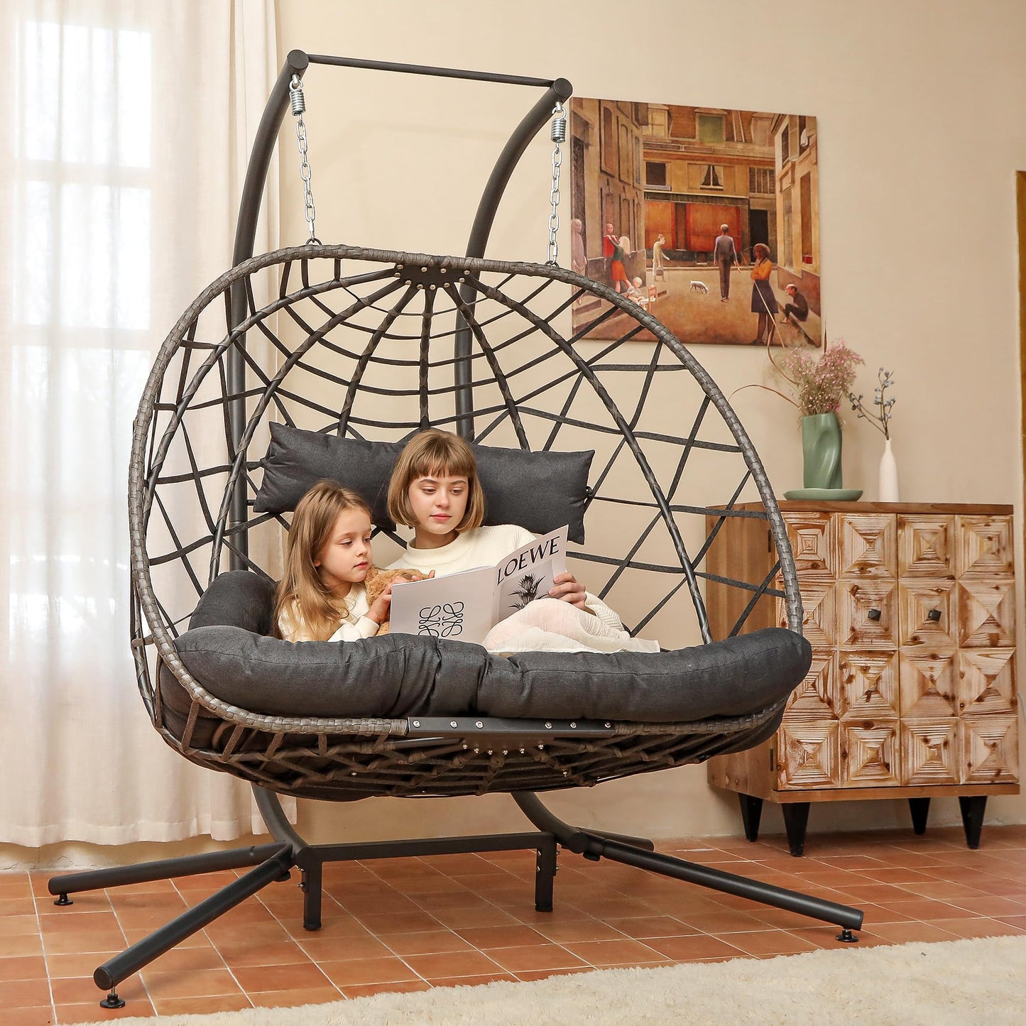 SWITTE Double Egg Swing Chair with Stand, 2 Person Outdoor Indoor Hammock Hanging Chair with Cushion for Patio Living Room 550 LBS Capacity-Dark Grey