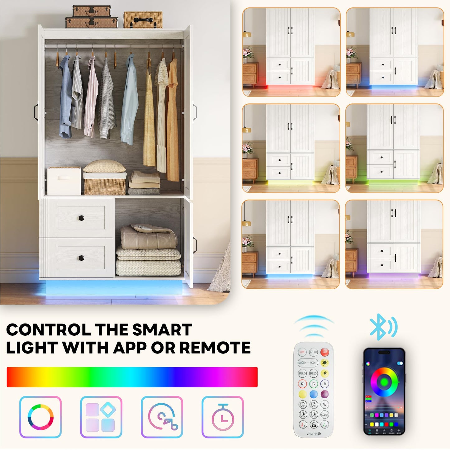 LIKIMIO Farmhouse Wardrobe Closet with Doors, 70" Bedroom Armoires with LED Lights and Hanging Rod, Wooden Large Wardrobe Cabinet with 2 Drawers and 1 Cabinet, Classic White