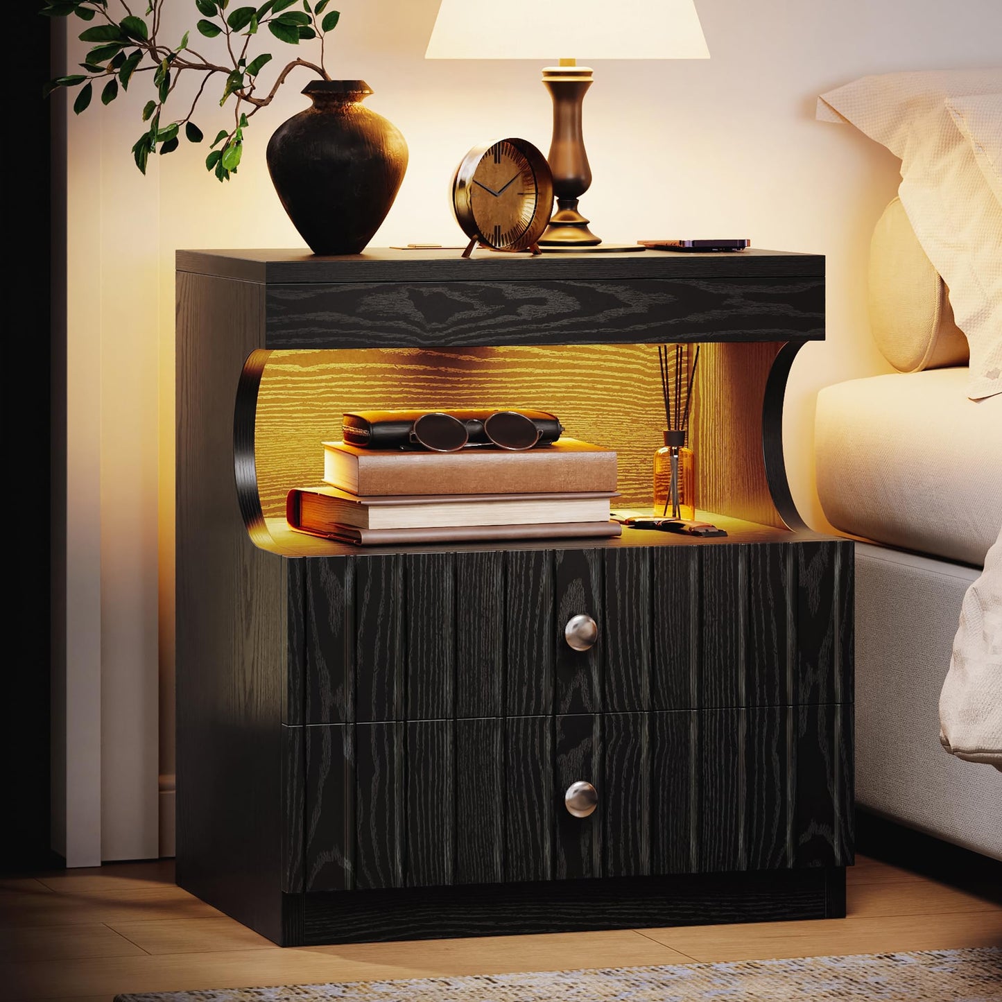 LIKEMET 21" LED Nightstand with Charging Station, End Table with 2 Drawers Storage, Side Table with Open Shelf, Black Nightstand for Bedroom, Living Room, Black