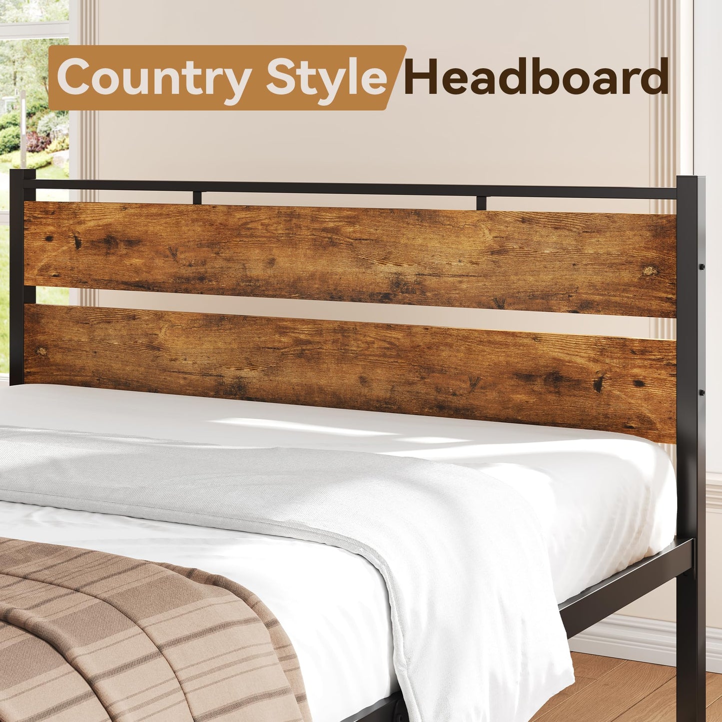 BedsPick 14 Inch Queen Bed Frame Sturdy Metal Bed Frame Queen Size with Wooden Headboard and Footboard, Noiseless/12.4" Under Bed Space/Durable Support//No Box Spring Needed/Anti-Slip, Brown