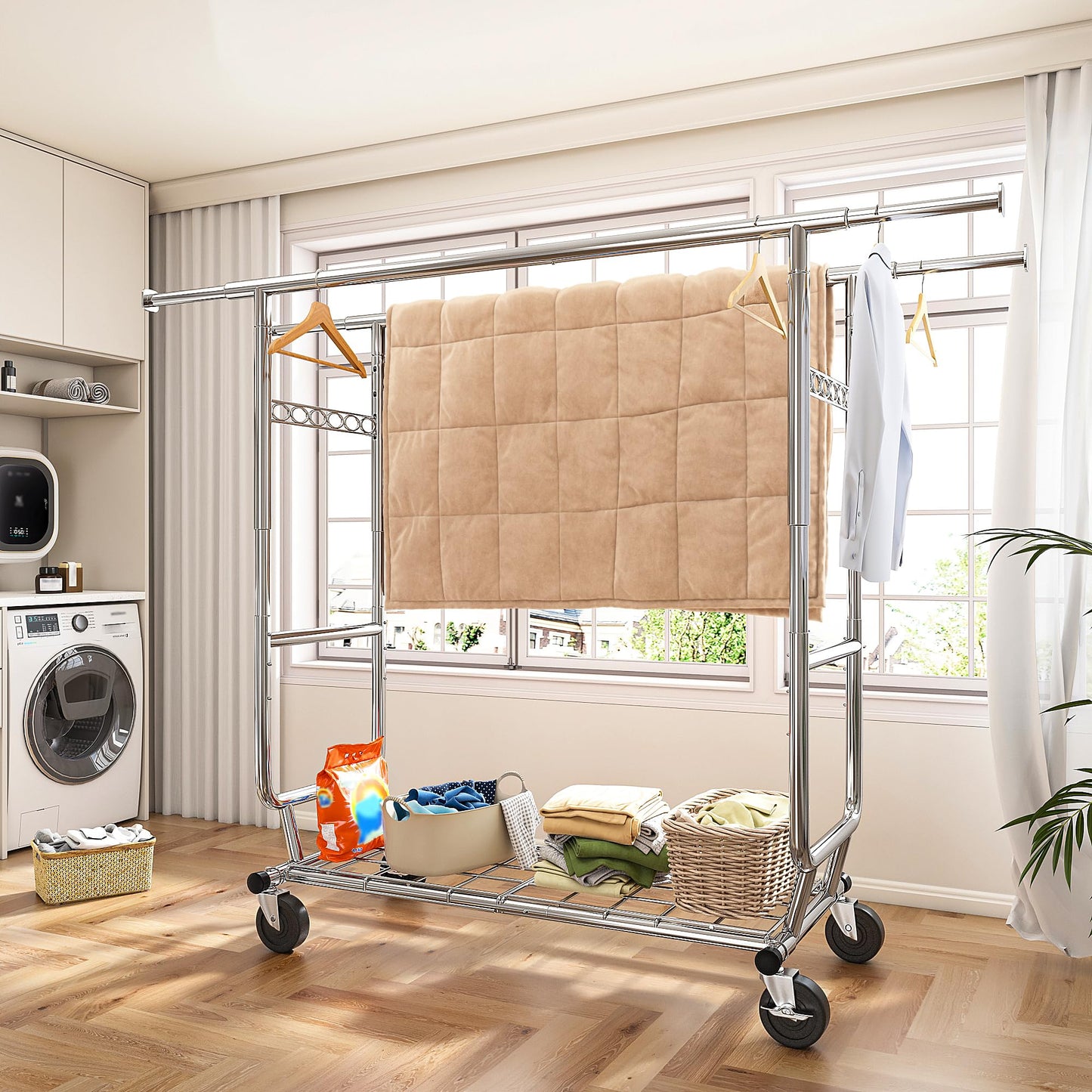 Raybee Clothes Rack Load 630LBS, Heavy Duty Clothes Rack, Rolling Clothing Racks for Hanging Clothes with Wheels, Adjustable & Commercial Garment Rack, 22" D x 75" W x 68" H