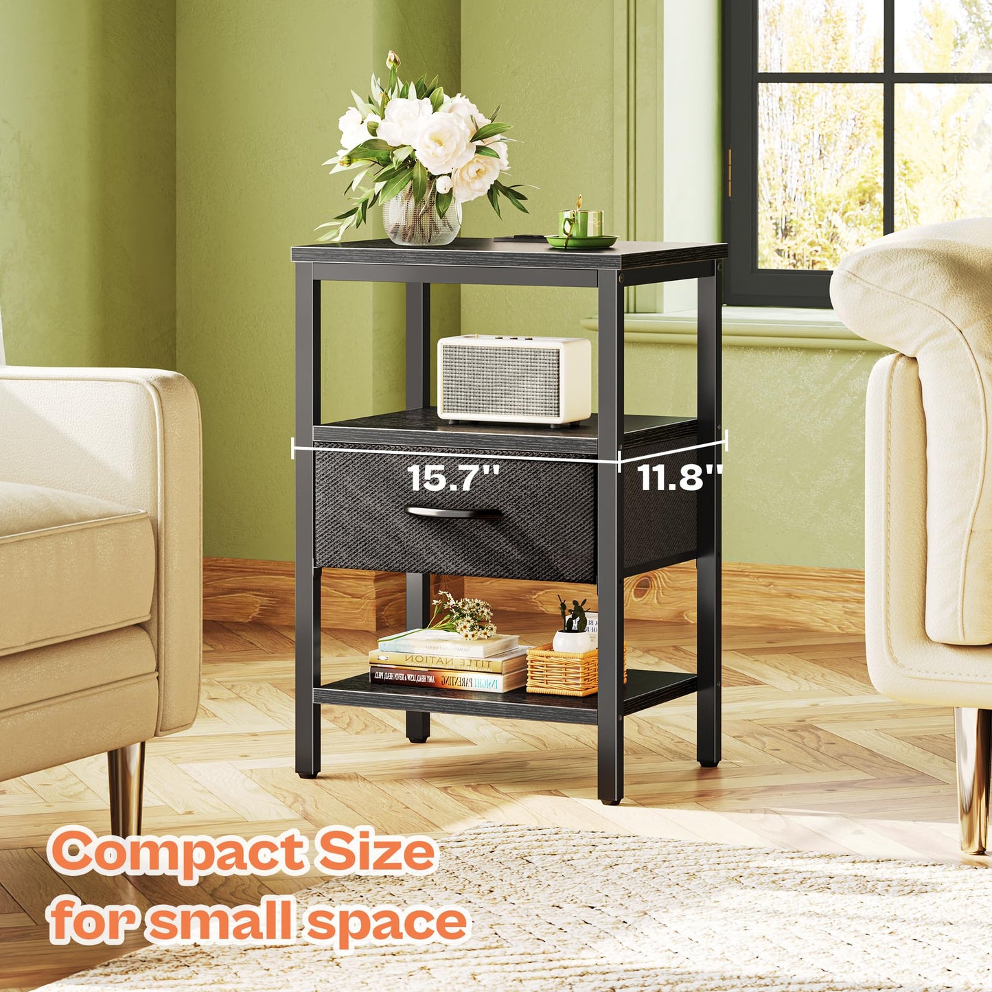 SUPERJARE Nightstand with Charging Station, Bed Side Table with Adjustable Fabric Drawer, Night Stand for Bedroom, 3-Tier Storage End Table, for Living Room, Black