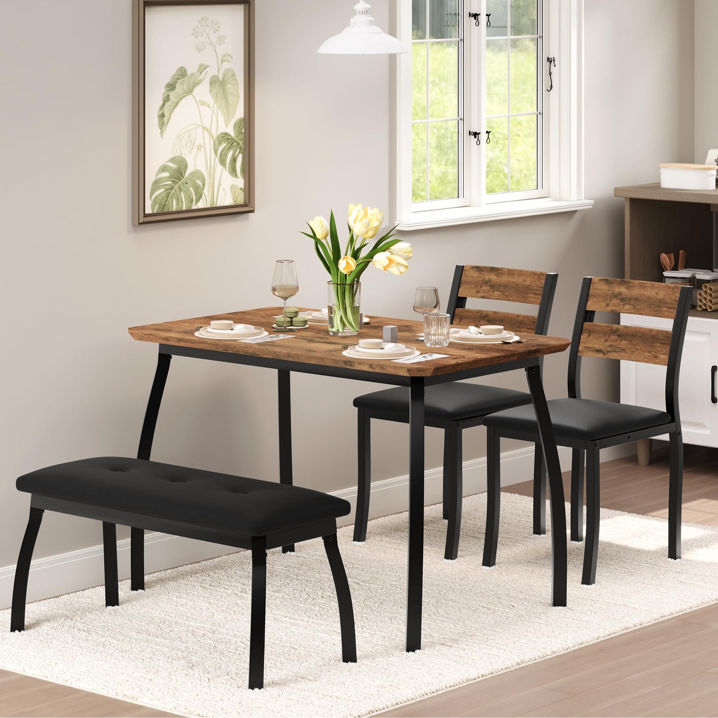 IDEALHOUSE 43'' Dining Table Set for 4, Wooden Kitchen Table with Upholstered Bench & 2 Cushion Chairs, Industrial Dinette Set for Studio, Kitchen, Dining Room, Apartment, Retro