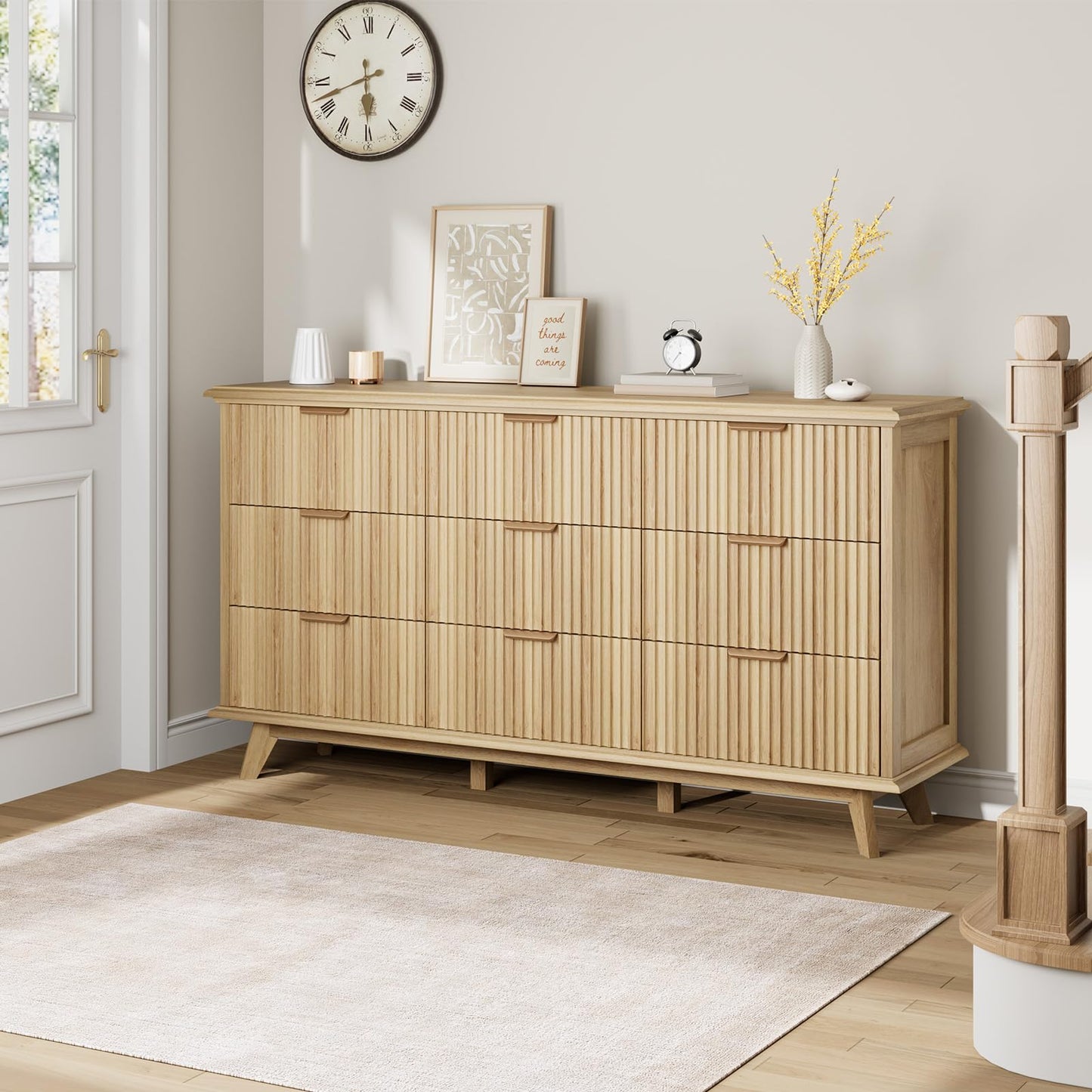 QUW Fluted 9 Drawers Dresser, 59.1" Wide Modern Chest of Drawers with Metal Handle, Large Dresser TV Stand, Wood Drawer Organizer for Bedroom, Living Room, Hallway, Dormitory, Natural Oak