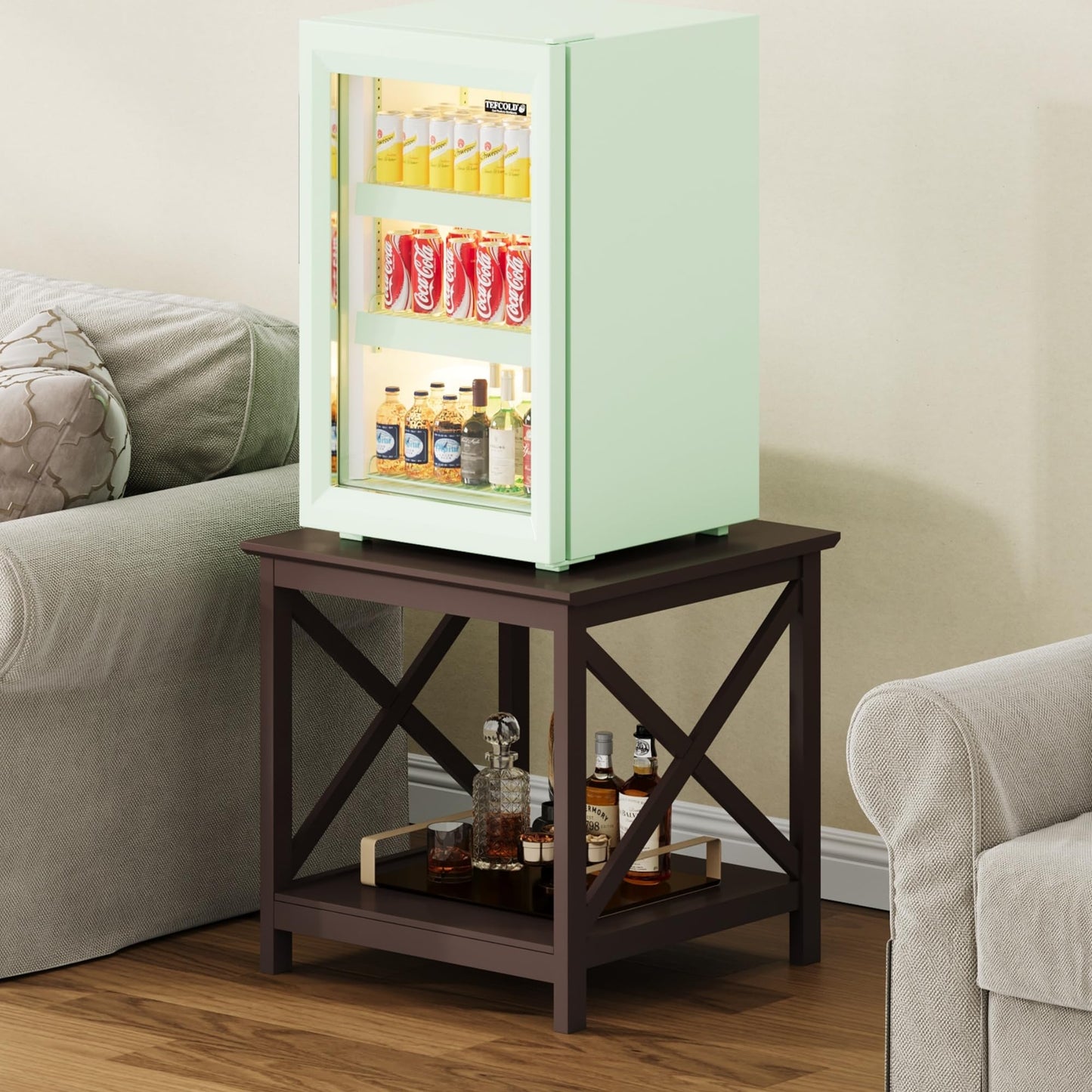 ChooChoo End Table, 24 Inch End Table with 2-Tier Storage Shelf, Side Table for Living Room, Wood Nightstand for Bedroom, Office, Painted Surface, Espresso