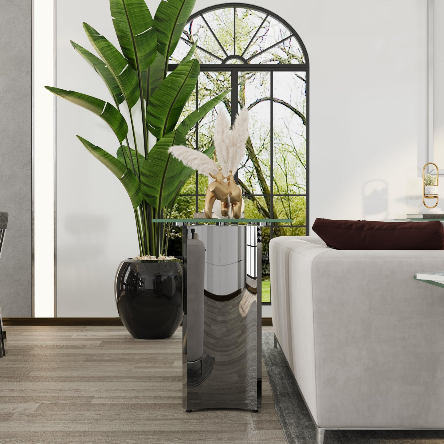 Asday Silver and Glass Console Table, 60 Inch Sofa Table, Silver Rectangle Entryway Table with Polished Mirror Base for Living Room, Hallway