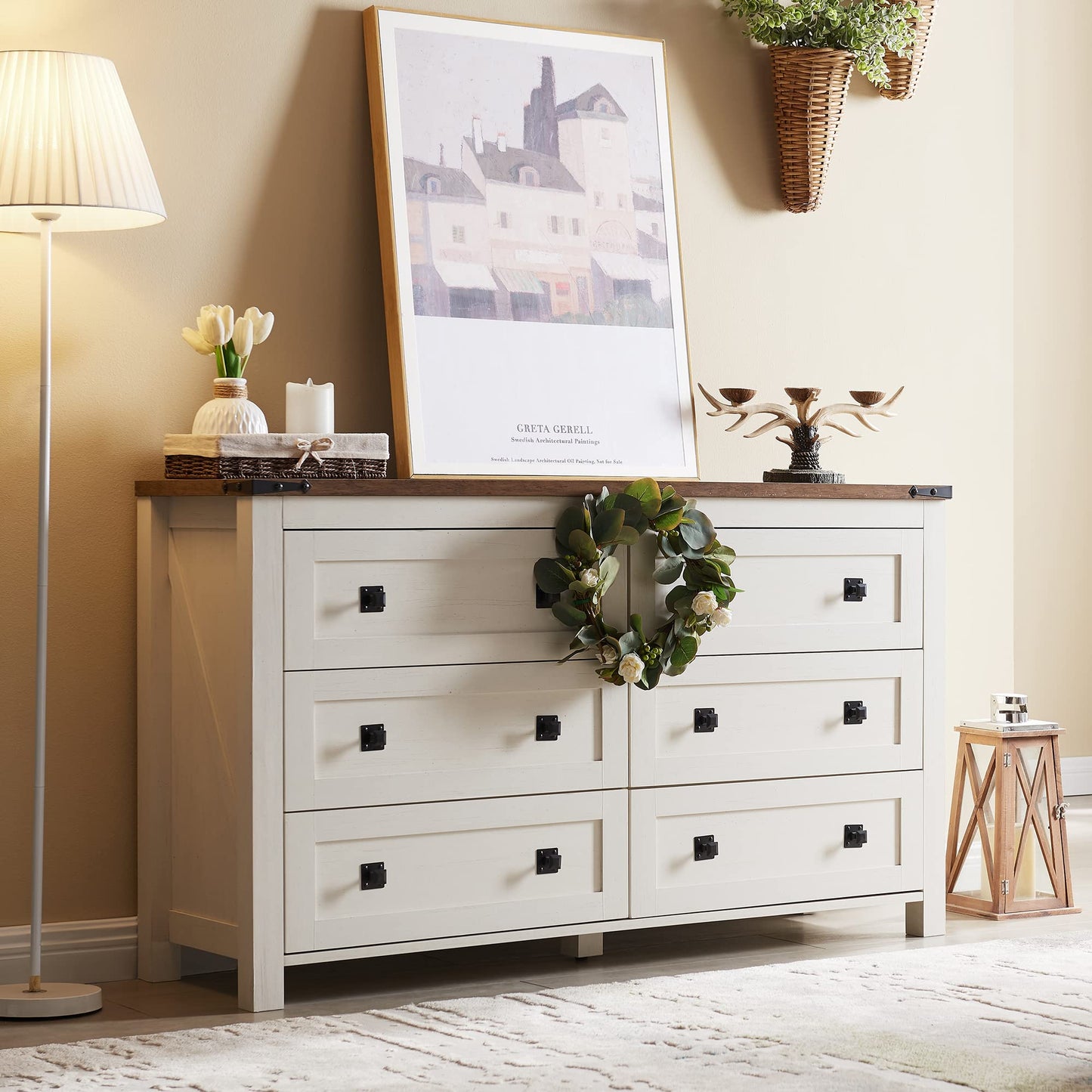 T4TREAM Farmhouse 6 Drawers Dresser for Bedroom, Wood Rustic Wide Chest of Drawers, Storage Dressers Organizer for Bedroom, Living Room, Hallway, Antique White