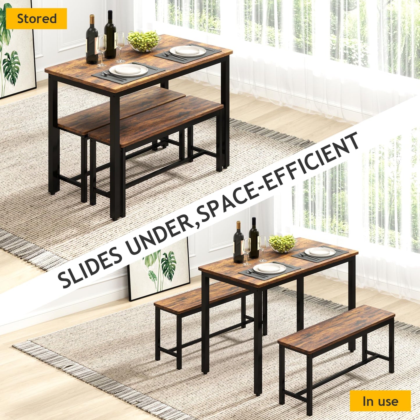 Rovibek 43" Dining Table Set for 4, Modern Space Saving Kitchen Breakfast Table with Benches & Adjustable Feet, Wooden Industrial Style Farmhouse, Brown