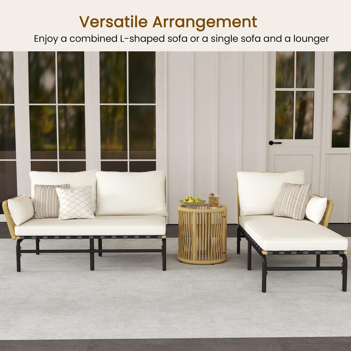 Yaheetech 3 Pieces L-Shaped Conversation Sofa Set, Outdoor Patio Furniture Set w/Detachable Lounger, Thick Cushions, Glass Side Table for Patio, Backyard, Porch, Garden