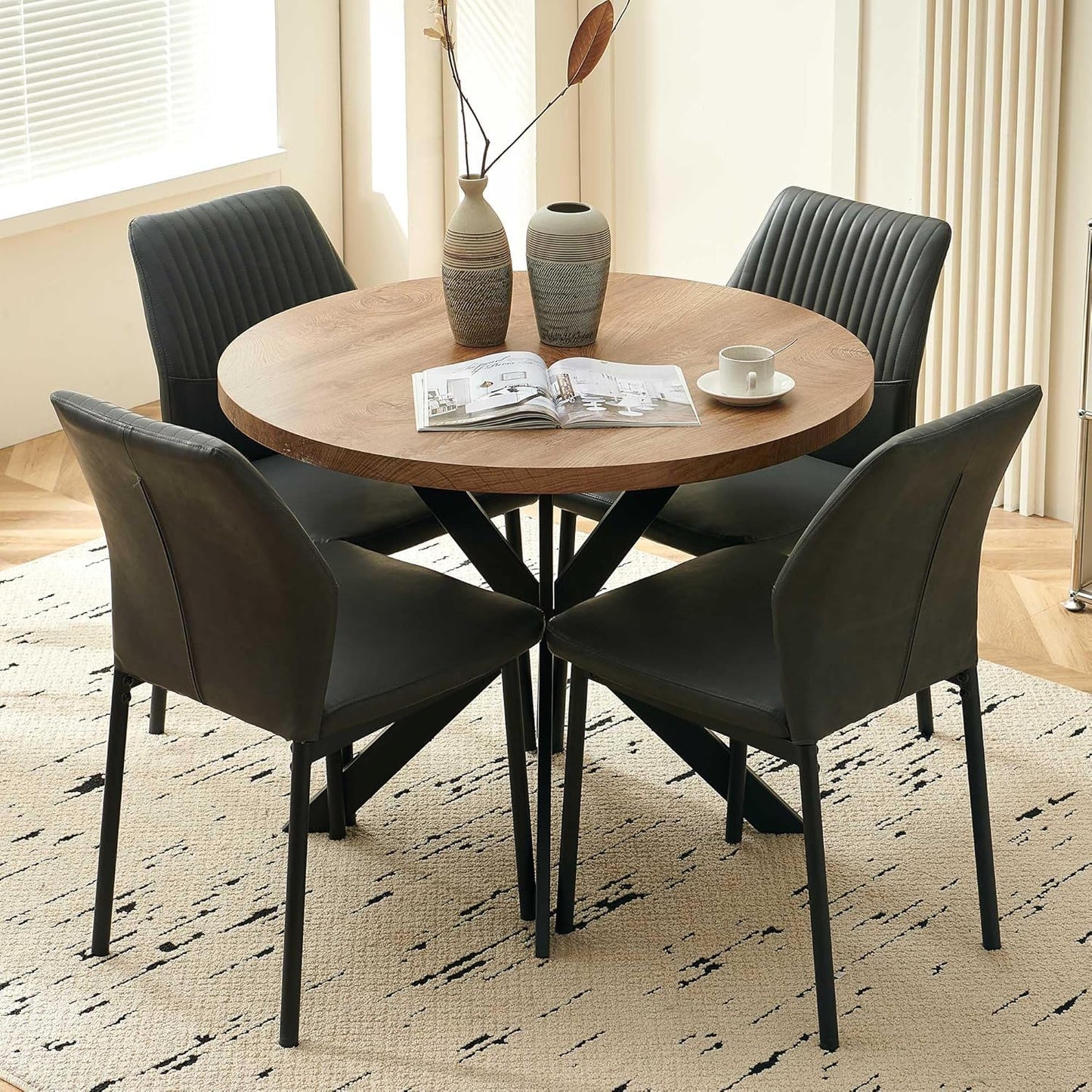 Pandolfini 37 Inch Round Dining Table Set for 4, Mid Century Modern Coffee Set for Dining Room Kitchen Apartment (Walnut Wood Color Table + 4 Dark Grey Chairs)