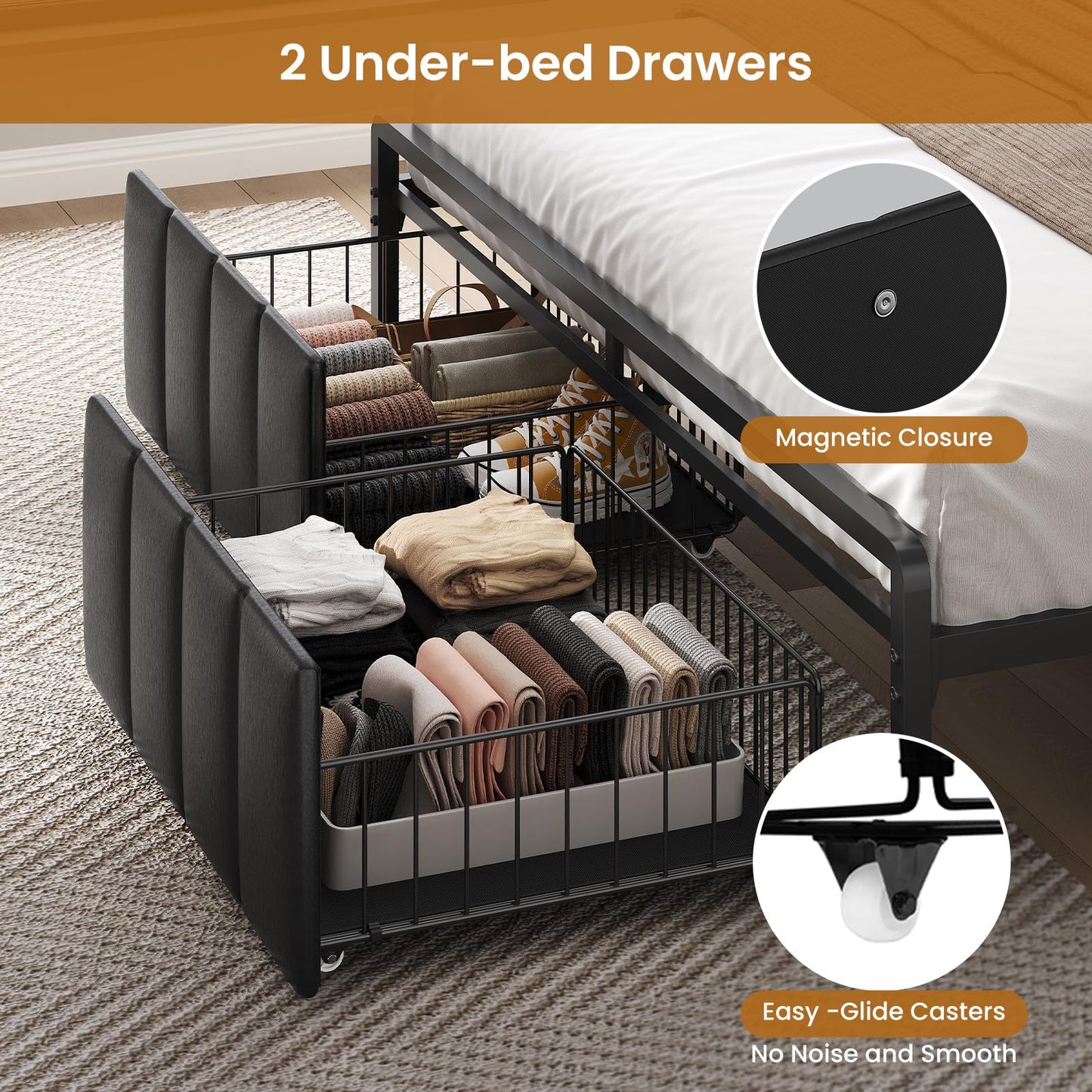 Brinlawb King Bed Frame with Drawers & Storage Headboard, Bed Frame King Size with Charging Station & LED Light, Upholstered Platform Bed, Metal Frame Support, No Box Spring Needed, Noise Free, Black