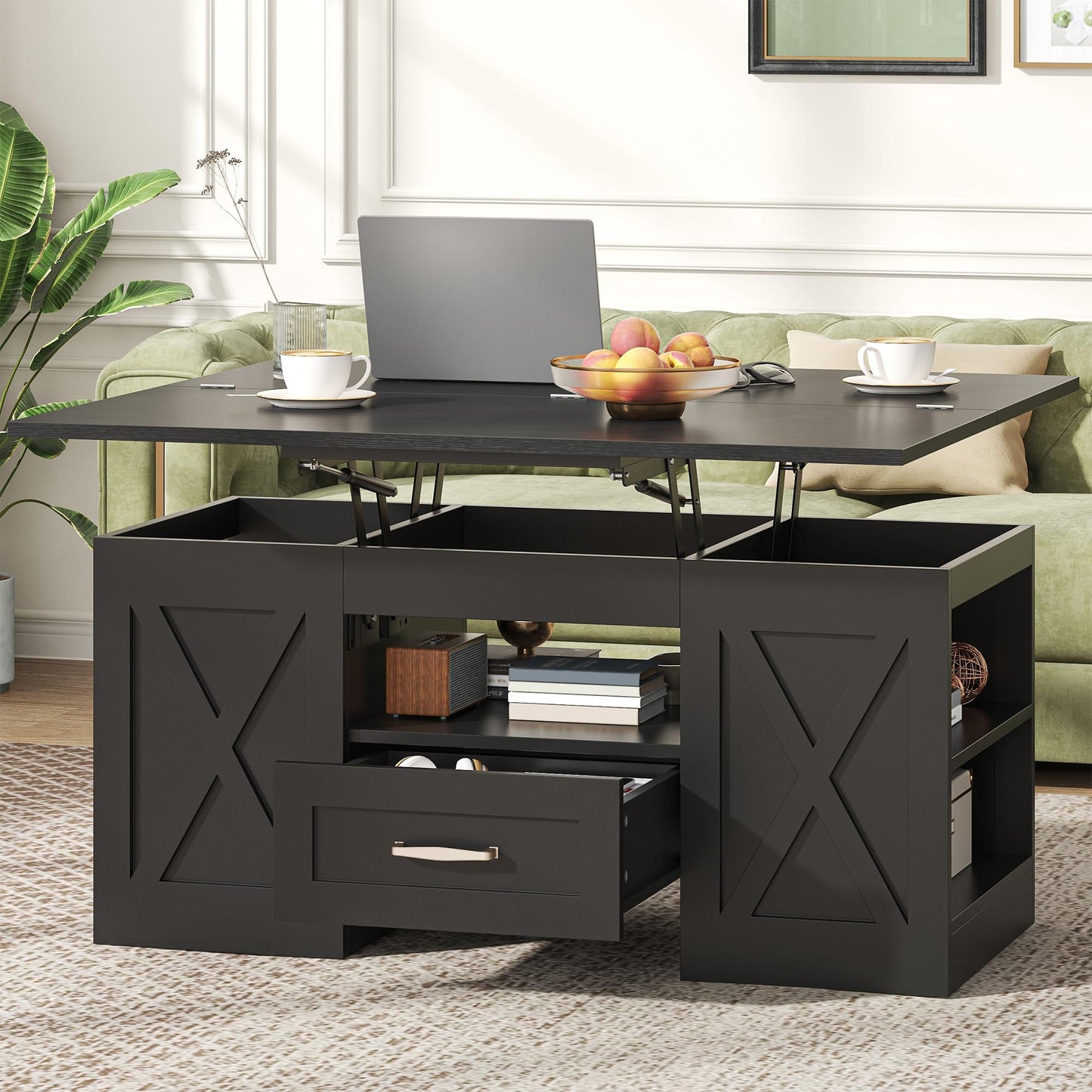 Nosepen Coffee Table, 39.37" Lift Top Coffee Table with Drawer & Open Storage Shelves, Large Rectangular Farmhouse Living Room Table, Center Table for Living Room, Home Office, Espresso, Black
