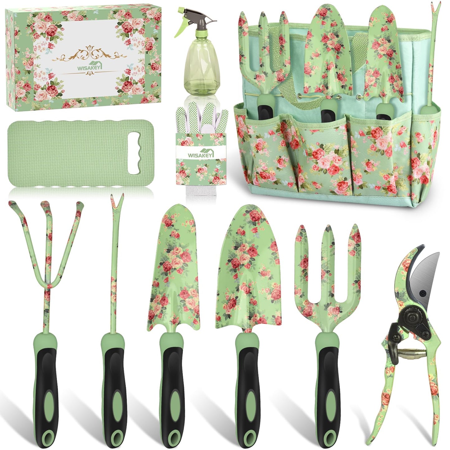 Gardening Tools, WisaKey 10 Piece Heavy Duty Garden Tools Set with Handle, Durable Fashion Garden Organizer Handbag, Ideal Gardening Gifts for Women