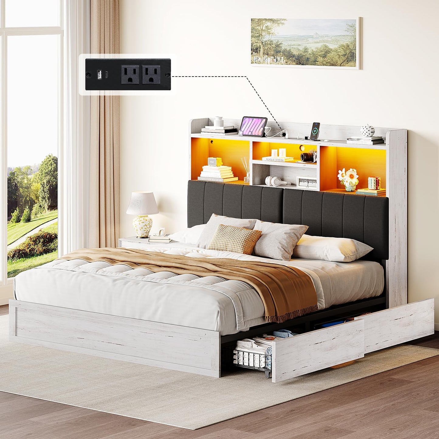 YUMPIE King Bed Frame with Bookcase Headboard, Farmhouse Upholstered Platform Bed with 4 Storage Drawers, LED Bed with Charging Station, Wood Slats Support, No Box Spring Needed, Distressed White