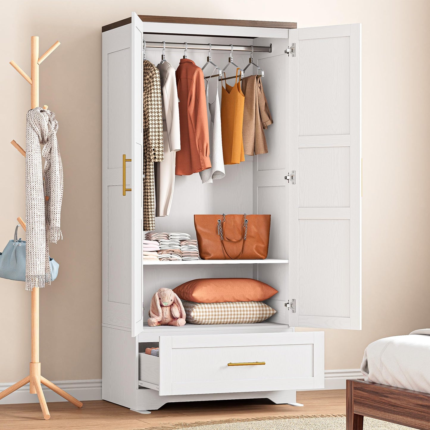 IRONCK Wooden Armoire Wardrobe Closet, 71" Tall Wardrobe Cabinet with Drawer and Door, Bedroom Wood White Clothes Storage Cabinet with Hanging Rod and Shelves