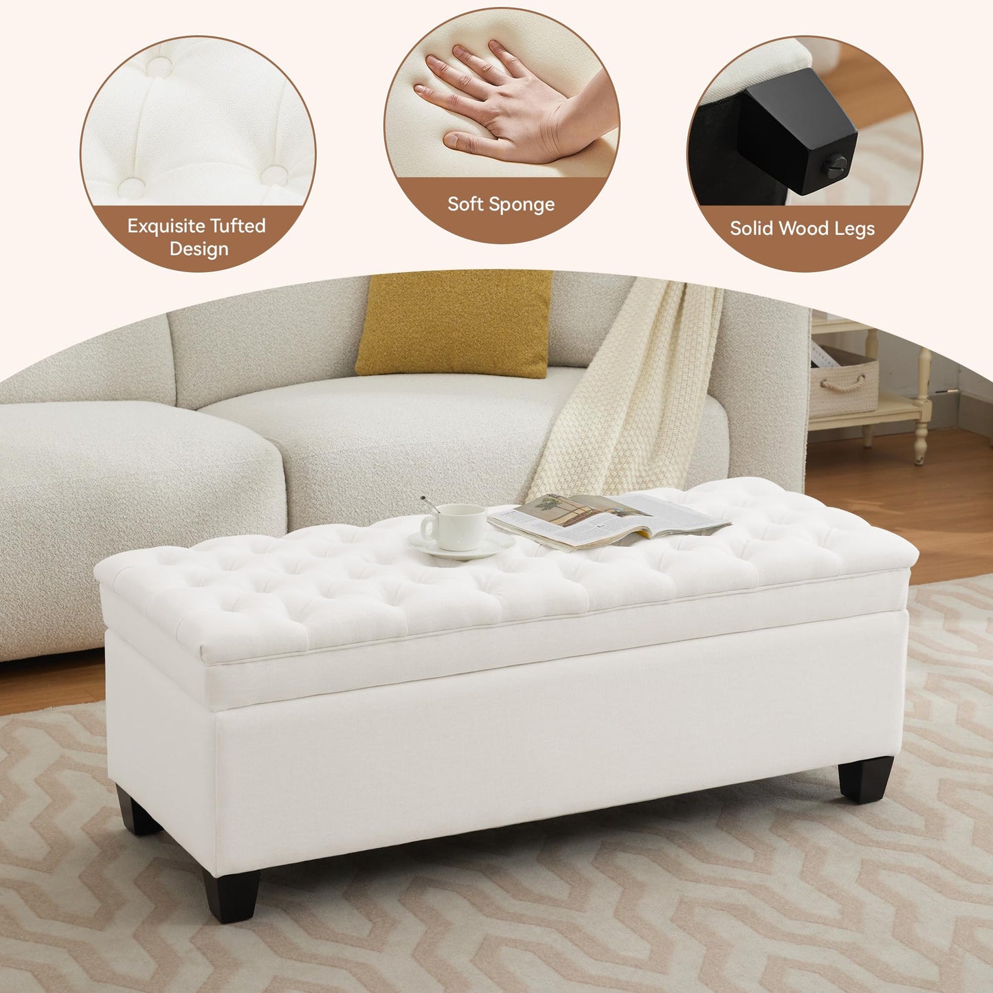WUTUTUEE 51" Fabric Storage Ottoman Bench, Upholstered Rectangle End of Bed Storage Ottoman Tufted Living Room Bedroom Bench with Safety Hinge, Solid Wood Legs, Loads 500 lb(Beige)