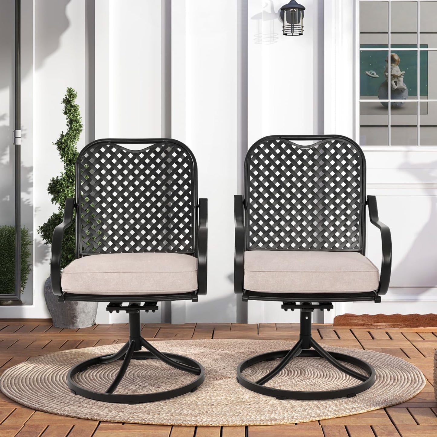 MELLCOM Patio Swivel Chair Set of 2, Heavy Duty Outdoor Dining Chairs with Thickened Cushions, Metal Patio Chairs Gentle Rocker for Outside, Garden & Porch, Backyard, Beige