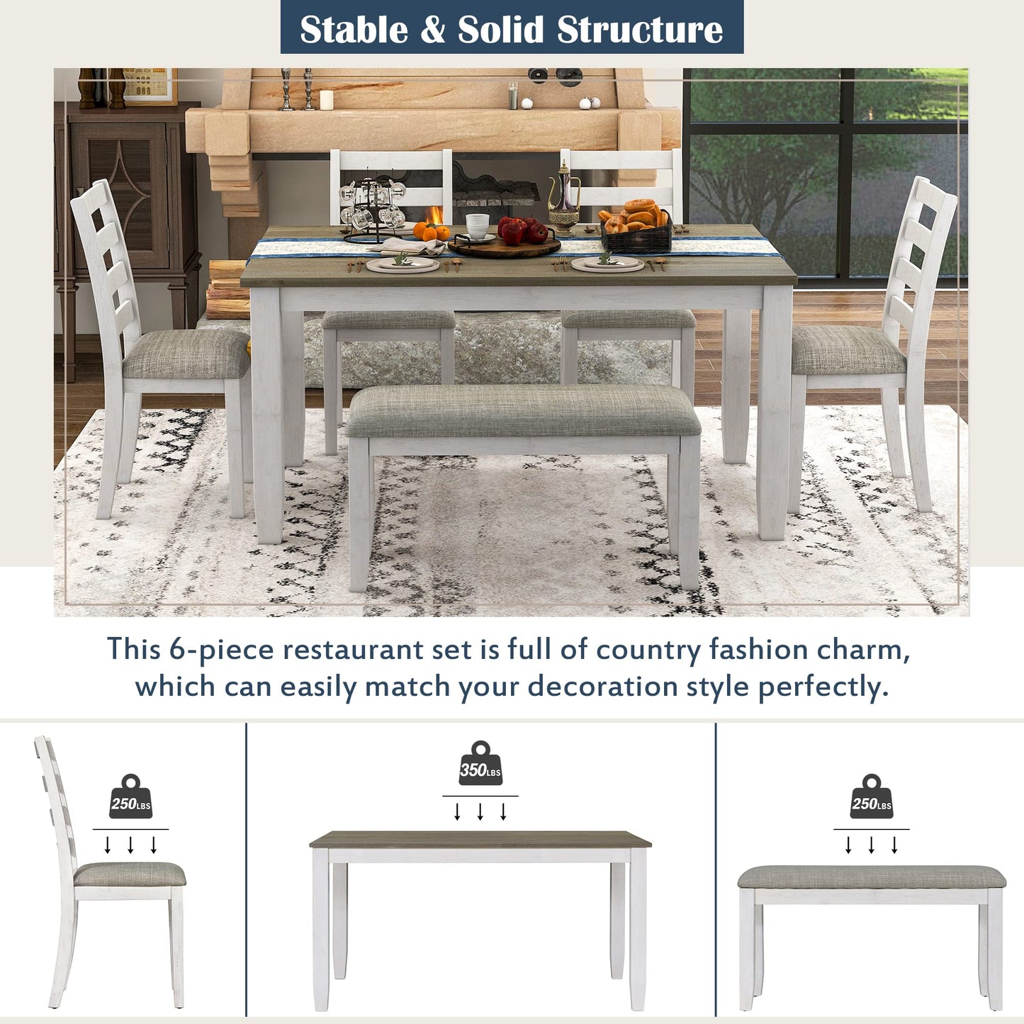 Merax 6 Piece 60in Dining Set for Home, Kitchen, Dining Room, Rectangular Table Set with 4 Upholstered Chairs & a Bench, Rubber Wood Dining Room Table Set for 6 (Brown + Whitewash, Rustic Style)