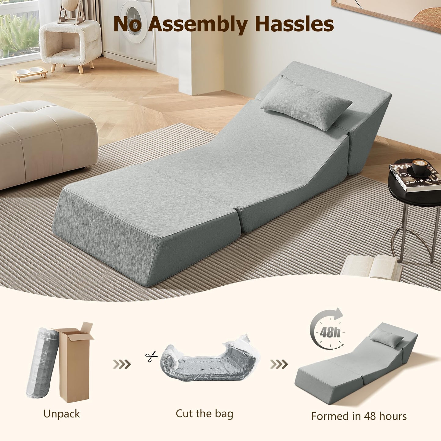 BAMOOLI Sleeper Sofa Bed, Convertible Fold Out Couch, Comfy Alpaca Wool Fabric Portable Foldable Floor Mattress Sleeper Chair with Pillow, Foldable Floor Sofa Lounge for Living Room, Bedroom, Grey
