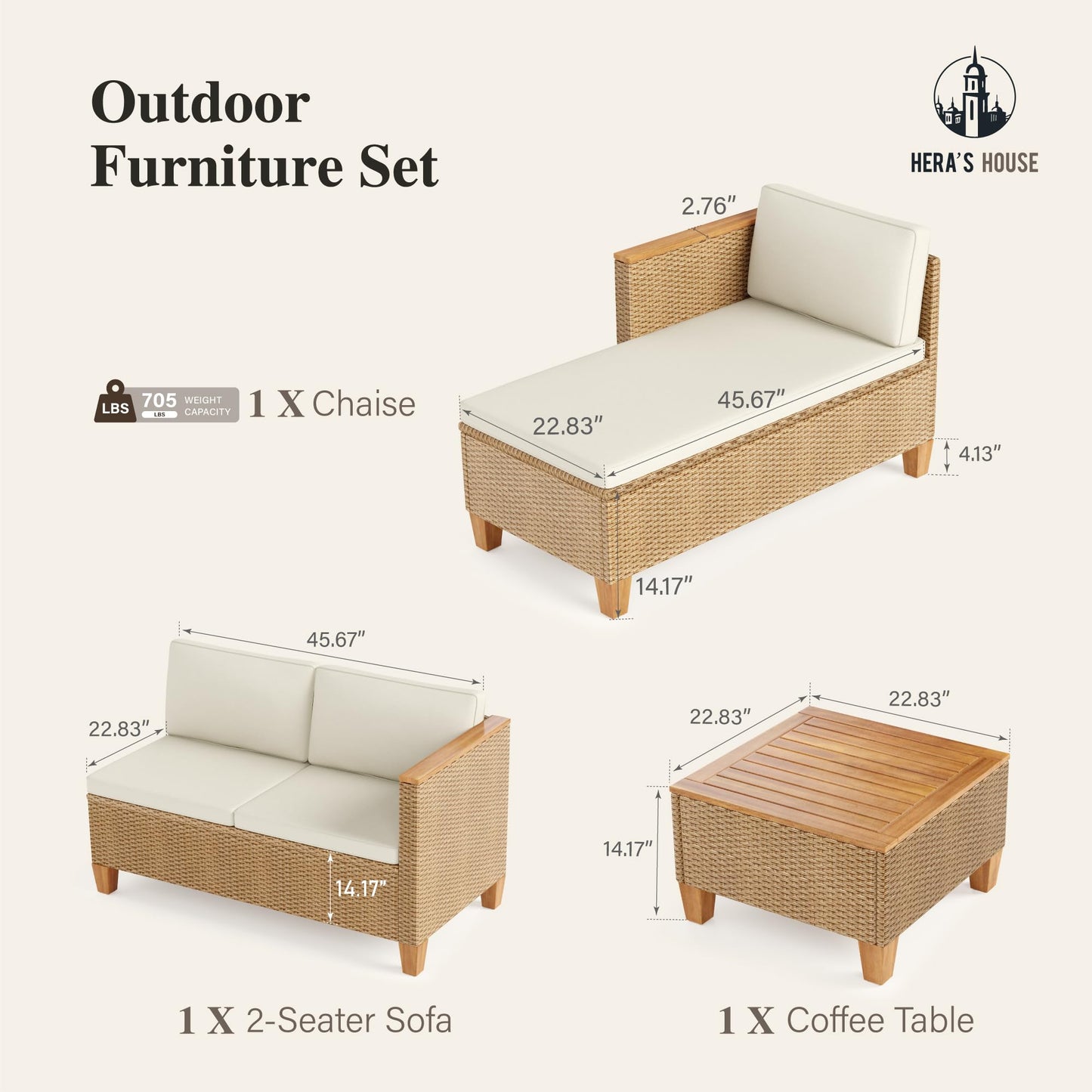 HERA'S HOUSE Small Patio Furniture Set, All Weather 3 Pieces Wicker Outdoor Sectional Set,Yellow Rattan Conversation Set with Lounge Sofa and Coffee Table for Lawn, Garden