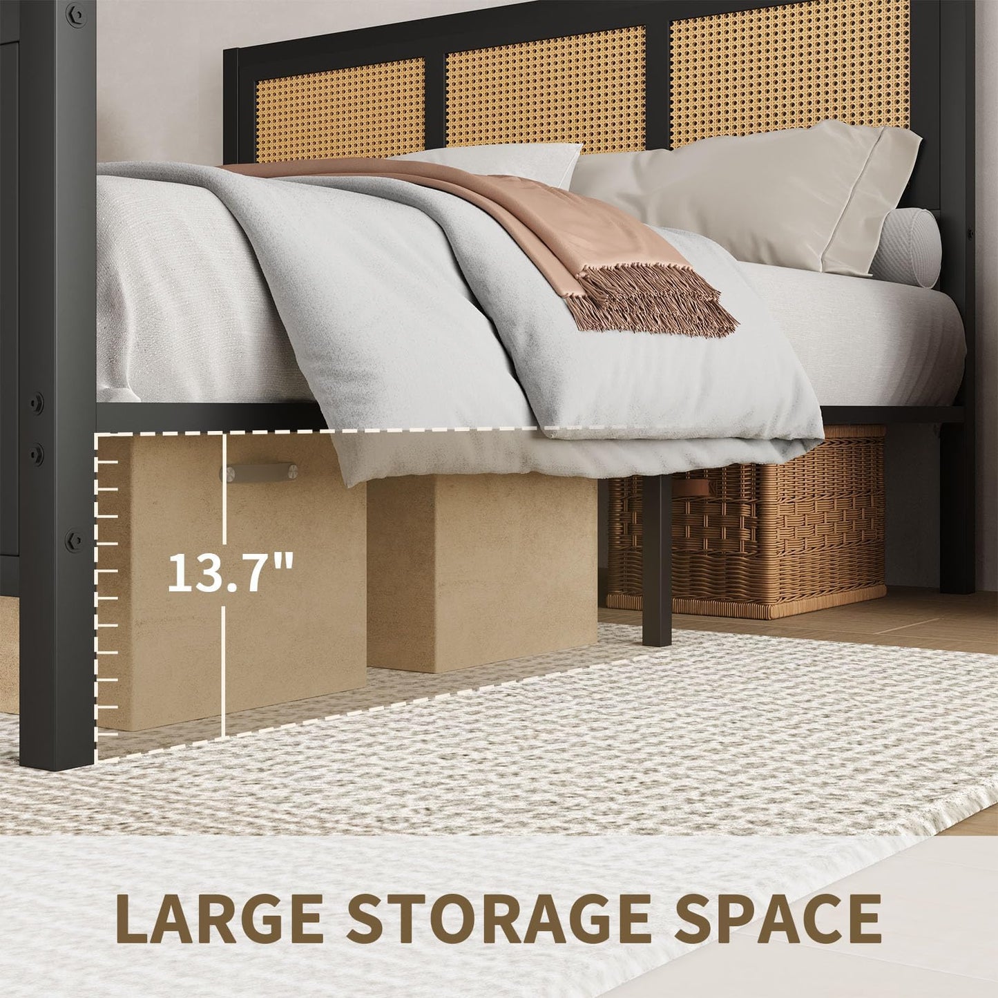 CHABUILDREARK Rattan Bed Frame King, Boho King Bed Frame and Headboard, Metal Platform King Size Bed Frame with Strong Slats Support, No Box Spring Needed, Noise-Free, Easy Assembly, Black
