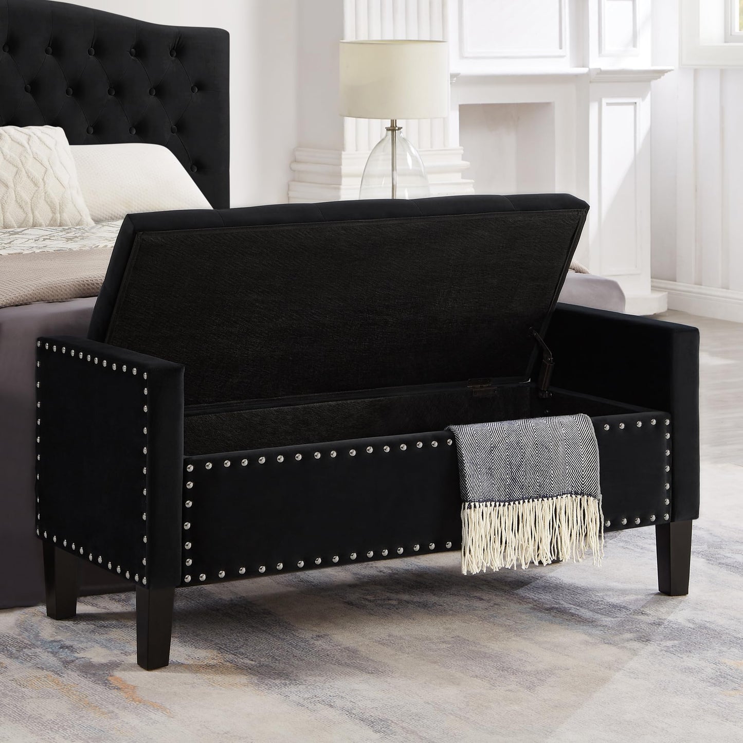 Favfurish Velvet Storage Ottoman with Armrests and Nails Trim,Entryway Living Room Soft Padded Seat,Bed Bench Bedroom End of Bed,Black (48”L X 18.5” W X 22” H)