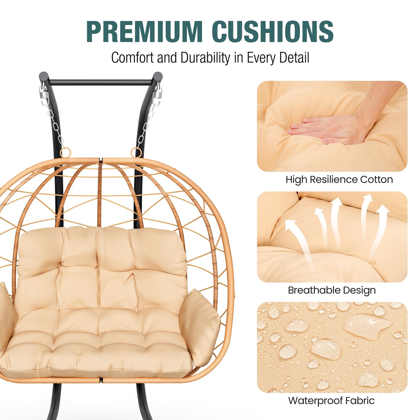 Pamapic Double Egg Chair wth Stand, 700 LBS Loveseat Rattan Swing Chair, UV Resistant Cushions with Armrests and Headrest, Thick Steel Frame Hammock Swing for Outdoor, Patio, Indoor(Beige)