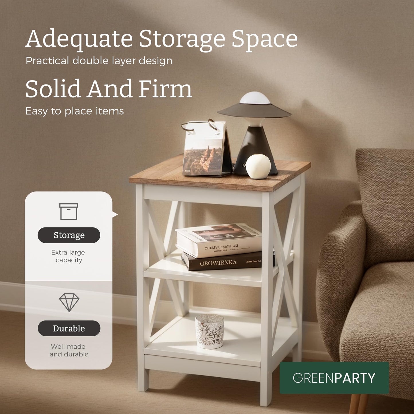 GREEN PARTY End Tables Living Room Set of 2,Side Tables with 3-Tier Storage Shelf, Small Nightstand for Bedroom, Wooden Frame,Small Coffee Table,White