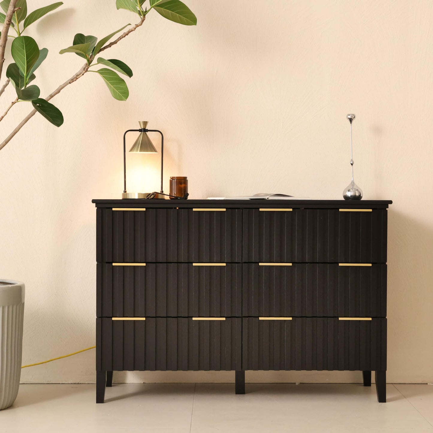 LAZZO 6 Drawer Dresser for Bedroom Black Fluted Wooden Dresser Tall Chest of Drawers with Double Golden Handles Modern Storage Chest TV Stand Storage Cabinet for Living Room, Hallway，Closet