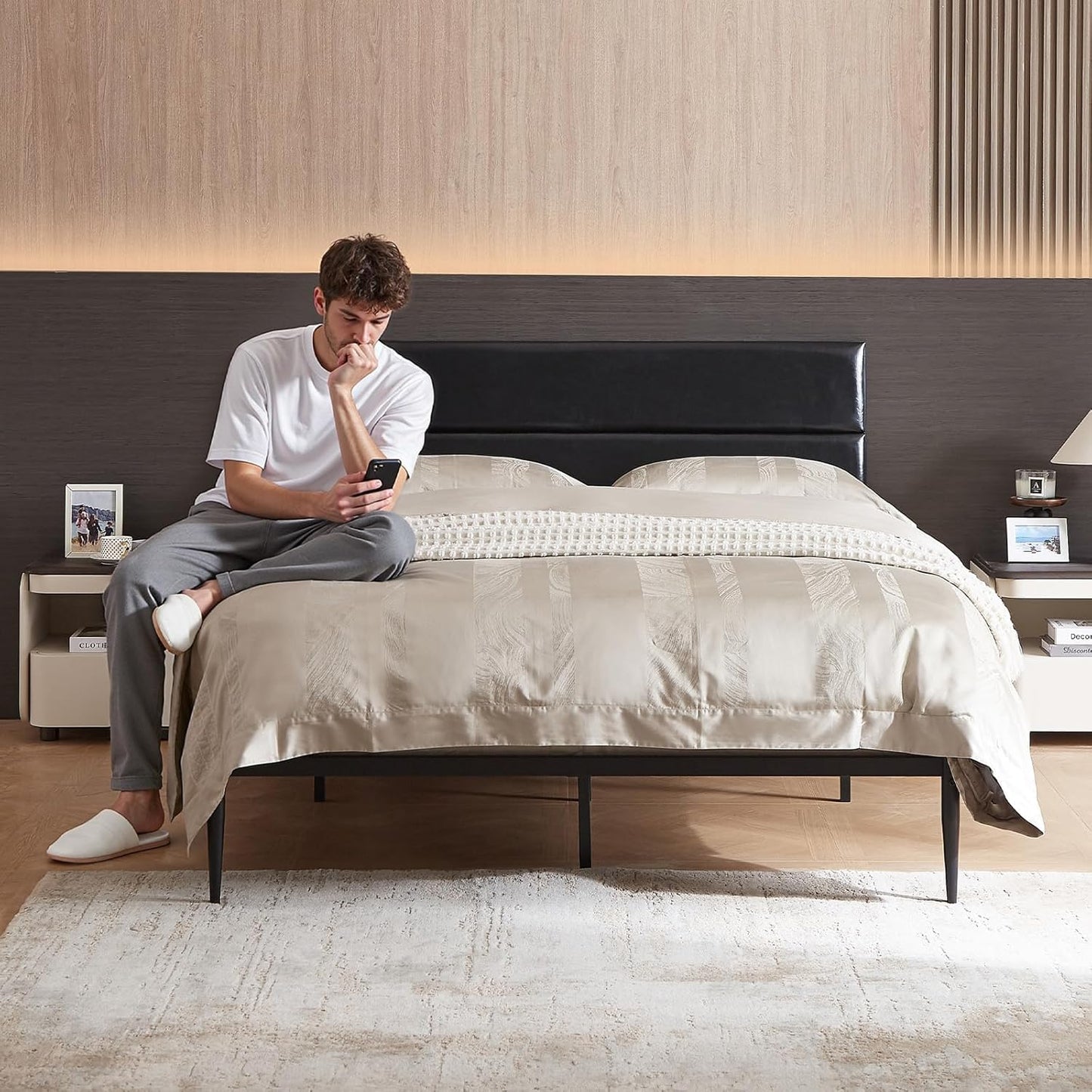 BedsPick Queen Size Bed Frame, Platform Bed Frame with Upholstered Headboard, 12 Quiet Slats, Urban Style Design, No Box Spring Needed (Dark Black)