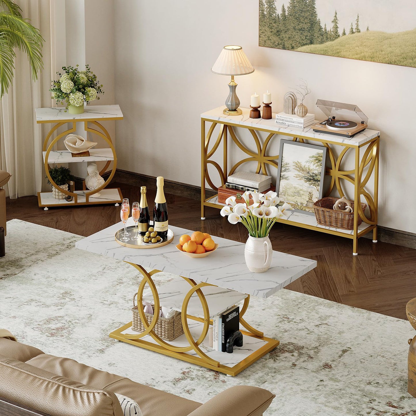 GiftGo Narrow Sofa Table 47.2 Inch, Industrial Sofa Table Behind Couch, Vintage Entry Console Table with Storage for Entryway, Living Room, Foyer, Elegant Design (White and Gold, 47.2)