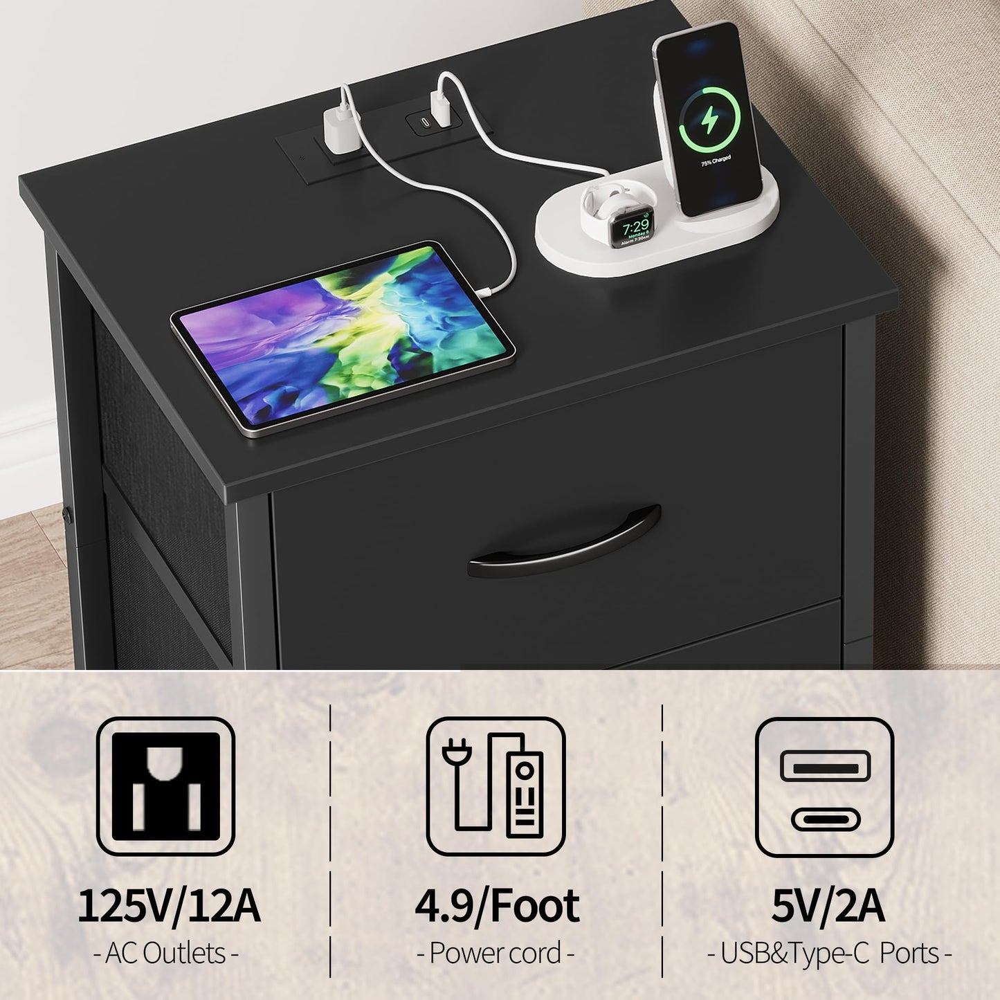 Vagusicc Nightstand Set of 2 with Charging Station, End Table Bedside Table with Power Outlet & USB Ports, Side Table with 2 Fabric Drawers for Bedroom, Living Room, Black